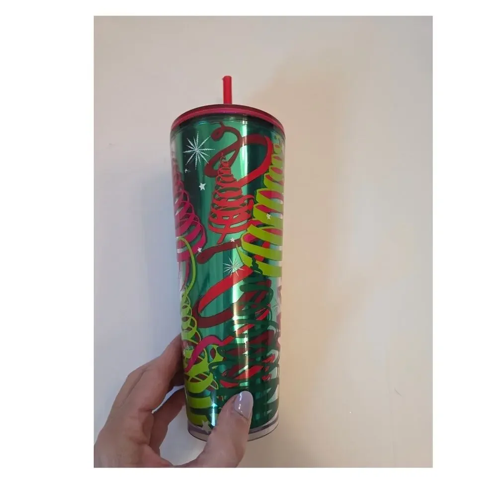 Starbucks Holiday 2023 Ribbon Trees Venti Cold Tumbler in Emerald Green Red Lid